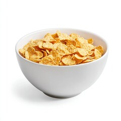 A white bowl filled to the brim with golden corn flakes on a plain white background in a studio shot