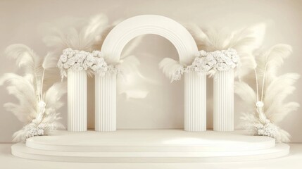 Naklejka premium Elegant white archway decor with floral accents on a stage