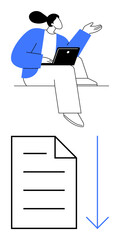 Person with laptop discussing digital tasks, document icon with downward arrow. Ideal for technology, work, online collaboration, data sharing, digital tools, office productivity, flat simple