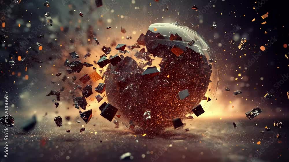 Aufkleber Floating abstract objects collide dramatically in a surreal, dark space with bursts of light and debris, Abstract floating objects colliding with each other CGI Trendy backgrounds