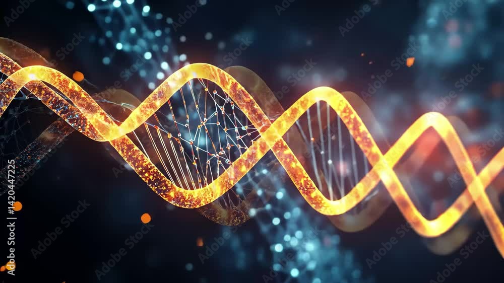 Poster visualizing dna strands illuminated against a backdrop of data processing in a high-tech setting, dn