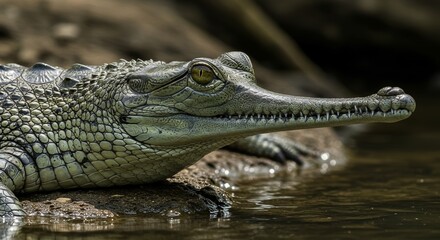 Obraz premium Intimate portrait of a gharial basking near a body of water focusing on details