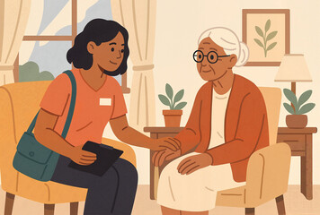 Social worker visiting an elderly woman, care