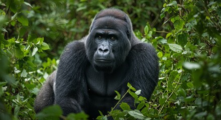 Obraz premium Intense stare of a mountain gorilla amidst vibrant tropical forest canopy