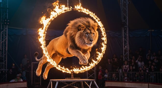 Spectacular circus performance featuring a majestic lion leaping through a ring of fire