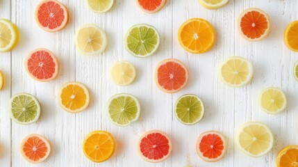 Cheerful vibrant citrus fruit slices arranged on white wooden surface top view