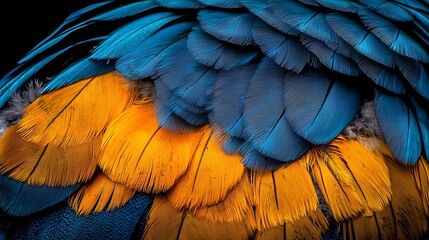 Fototapeta premium Vibrant Blue and Yellow Feathers of a Macaw Bird Close-Up