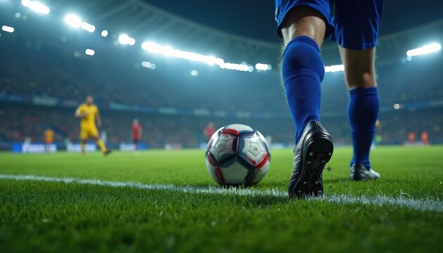 Soccer player stands before ball on green grass field in stadium. Closeup of leg in sport shoe. Football match, championship competition. Player ready to kick goal, score points in pro game.