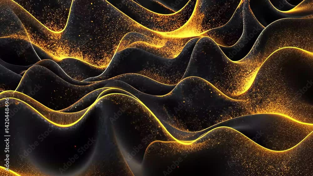 Poster bright golden wave particles flowing smoothly in the dark background creating a mesmerizing visual e