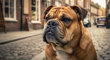 Charming bulldog portrait in a quaint urban setting with reflective mood