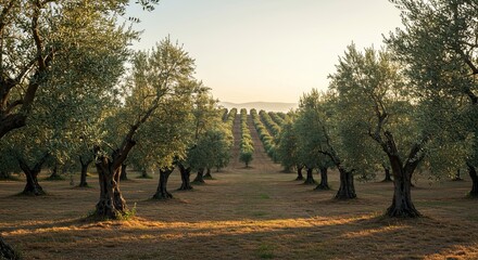 Enchanting Olive Grove at Sunset, A Serene Tuscan Landscape with Golden Light