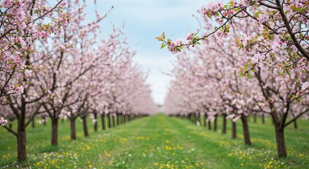 Obraz premium Enchanting Blossom Avenue, A Serene Spring Landscape with Pink Flowers