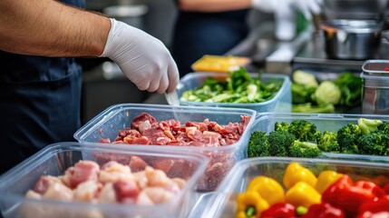 Chef preparing meal components, fresh food assortment in restaurant kitchen