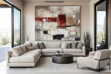 Minimalist living room with neutral-toned furniture, a large abstract art piece on the wall, and soft natural light creating a calm, airy, and serene atmosphere

