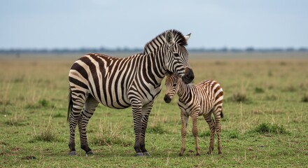 Obraz premium Heartwarming scene of a zebra mother and her cub standing together in africa