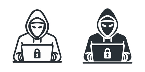 Security and protection. Hacker with laptop line and flat icon. Vector illustration.	