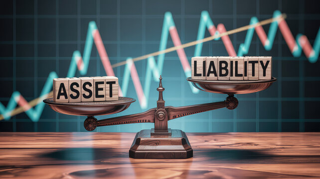 Balance Sheet Dynamics: A visually compelling financial concept depicting the critical balance between asset and liability, set against the backdrop of a fluctuating stock market graph.