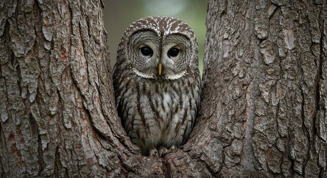 Barred owl's captivating gaze from within its tree cavity dwelling