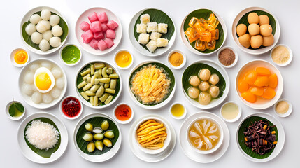 Colorful assortment of tropical fruits and desserts in bowls on white background, vibrant, diverse, culinary delight