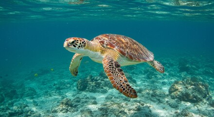 Obraz premium Graceful sea turtle gliding through crystal clear turquoise waters