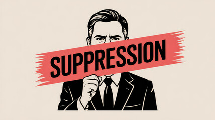 Suppression: An assertive businessman is depicted in a stylized illustration, with the word "suppression" prominently displayed across his face.
