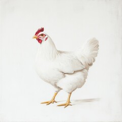 A white chicken with a red comb standing against a plain white background in a studio setting