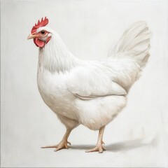 Fototapeta premium A white chicken standing on a white surface with a red comb and wattle in a studio setting image