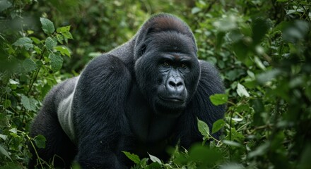 Naklejka premium Dominant silverback gorilla portrait amidst vibrant green jungle foliage