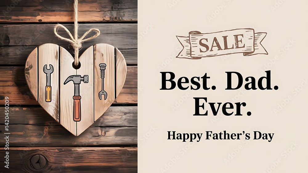 Fototapete simple father's day card design with a large heart hanging from string, brown decor, sale banner, an