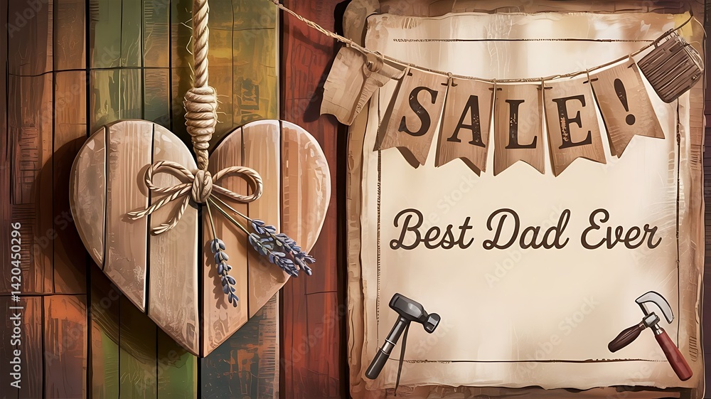 Fototapete simple father's day card design with a large heart hanging from string, brown decor, sale banner, an