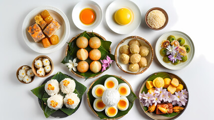 Assorted traditional desserts on banana leaves vibrant colors diverse textures exotic floral garnish tropical theme