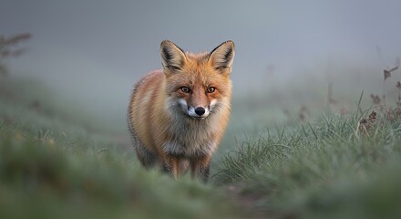 Fototapeta premium Enchanting red fox peers through the ethereal mist in grassy meadow