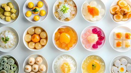 Colorful food bowls with diverse ingredients, vibrant presentation, white background, culinary variety, fresh visual appeal