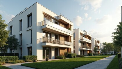 Modern apartment building complex with landscaping, green plants, residential housing. Contemporary low-rise architecture, green lawns, walkways. Modern design, real estate, family living, property