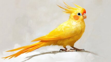 Yellow Cockatiel Perched, Light Background, Bird Portrait, Pet Illustration