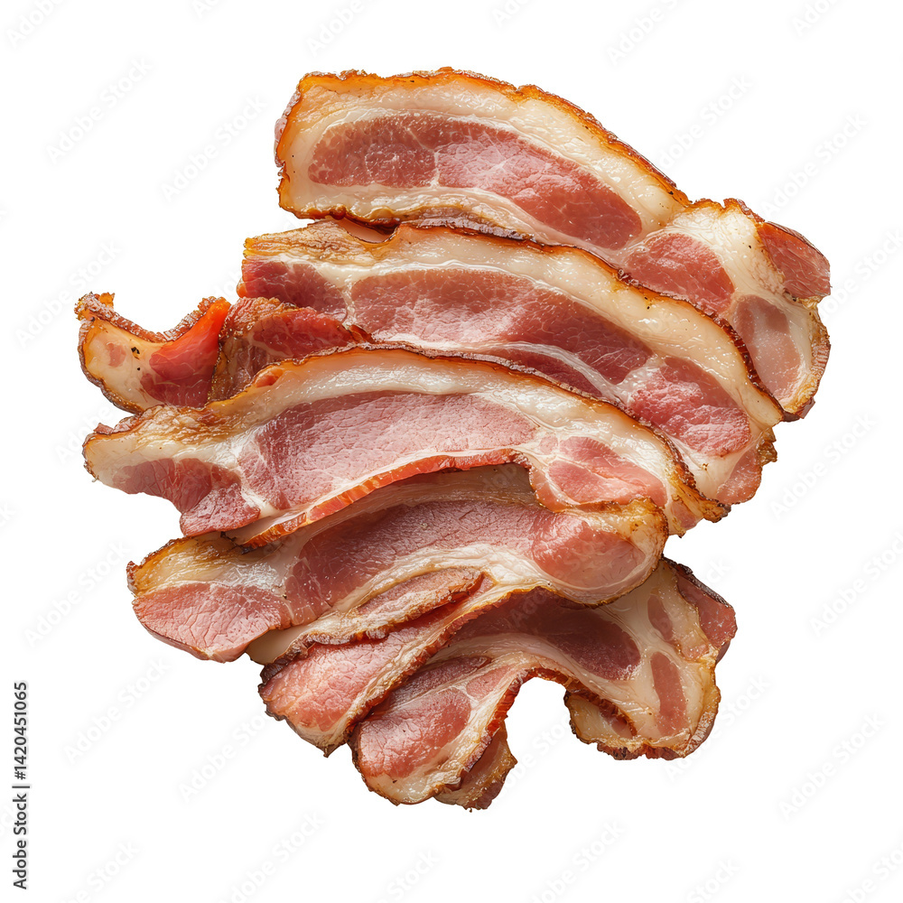 Poster thinly sliced bacon isolated against a clean transparent background, showcasing its rich color and t