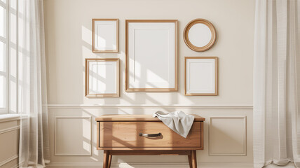 Art Gallery: A harmonious display of blank frames, thoughtfully arranged above a vintage wooden cabinet, bathed in soft natural light, inviting artistic expression and creativity.
