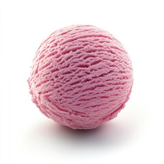 Close up shot of a single scoop of pink ice cream on a white background