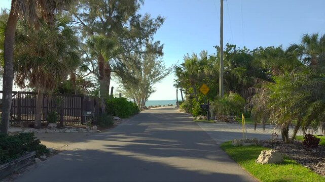 Car point of view driving on scenic road in sunny Florida. Casey Key coastal residential community picturesque streets.