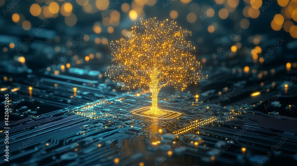 Poster abstract golden tree growing on circuit board digital technology nature innovation network data conc