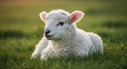 Obraz premium Captivating close-up of a fluffy lamb nestled peacefully in lush meadow