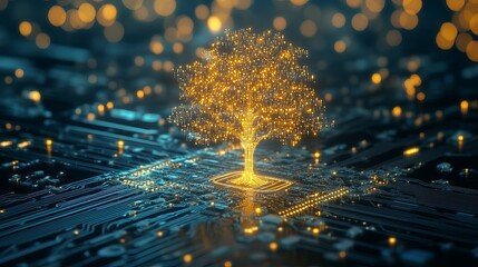 Abstract Golden Tree Growing on Circuit Board Digital Technology Nature Innovation Network Data Concept Futuristic Background Artificial Intelligence 
