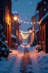 Glimmering string lights illuminate a snowy street, soft snowfall , image, bright
