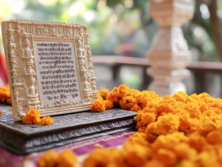 Bhagavad Gita with Sanskrit text on decorated altar with marigold flowers , mirroring soft innovation
