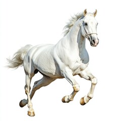Obraz premium A majestic white horse galloping gracefully on a pristine white background in a dynamic and elegant pose