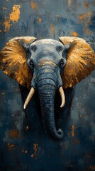 Majestic Elephant Portrait Photo With Golden Accents On A Textured Blue Background