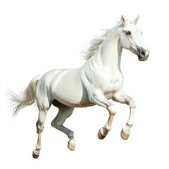 Fototapeta premium A majestic white horse galloping gracefully on a plain white background in a dynamic pose showing movement