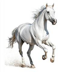 Obraz premium A magnificent white horse galloping freely on a white background in a dynamic composition