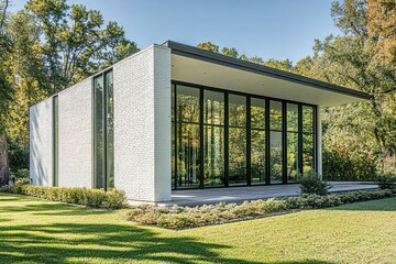 A rectangular modern building featuring vertical glass windows and a sleek white brick exterior, blending contemporary lines with minimalist architectural expression

