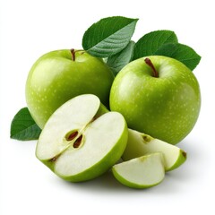 A collection of fresh, whole and sliced green Granny Smith apples, along with green leaves, isolated on a clean white background
